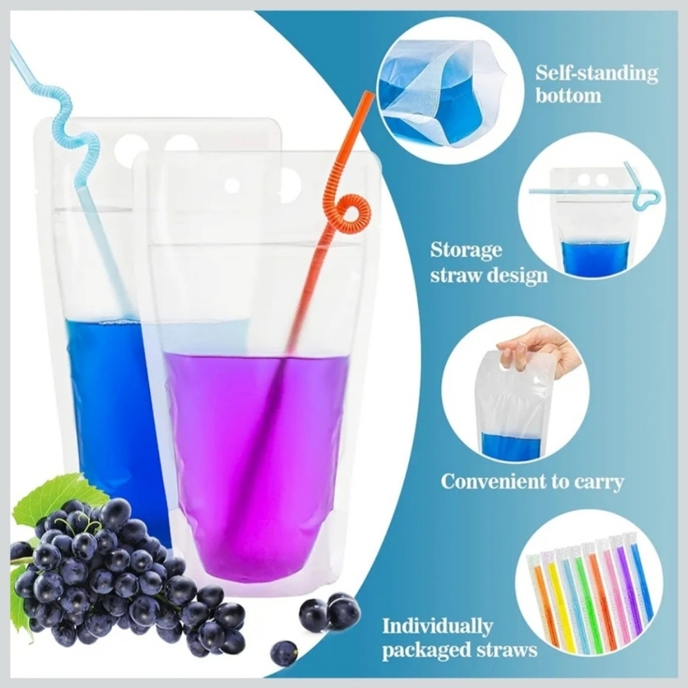 NWT Reusable Plastic 17 oz Drink Pouches w/Straw Self-standing Price Is For 4! - Picture 5 of 8